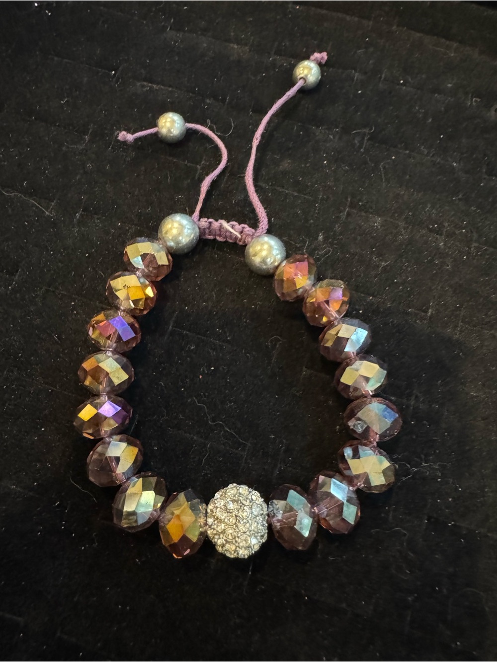 Purple Faceted Beaded Bracelet Rhinestone Pave Ball Adjustable Boho Jewelry